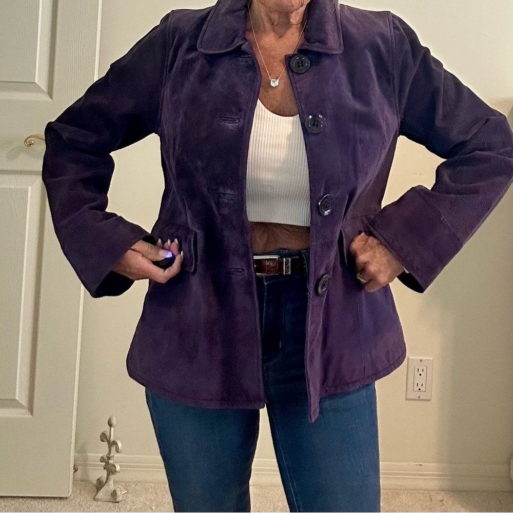Dialogue Purple Leather Jacket Hip Length Lined EXC